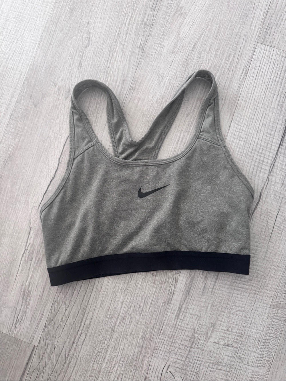 Nike Dri-Fit Heather Gray Racerback Sports Bra Black Swoosh Size Medium⁠